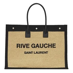 SAINT LAURENT Rive Gauche logo embroidered raffia and leather tote bag